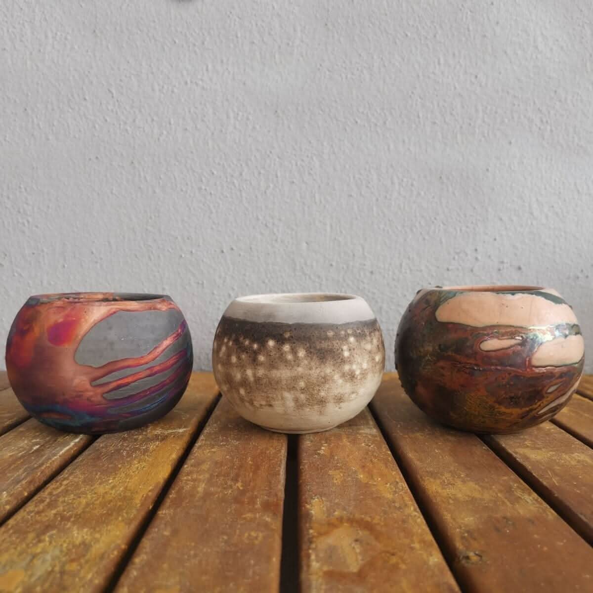 Tsuchi Ceramic Raku Pottery Planter Pot Mixed Finish Set of 3 by RAAQUU, showing varied earthy tones.